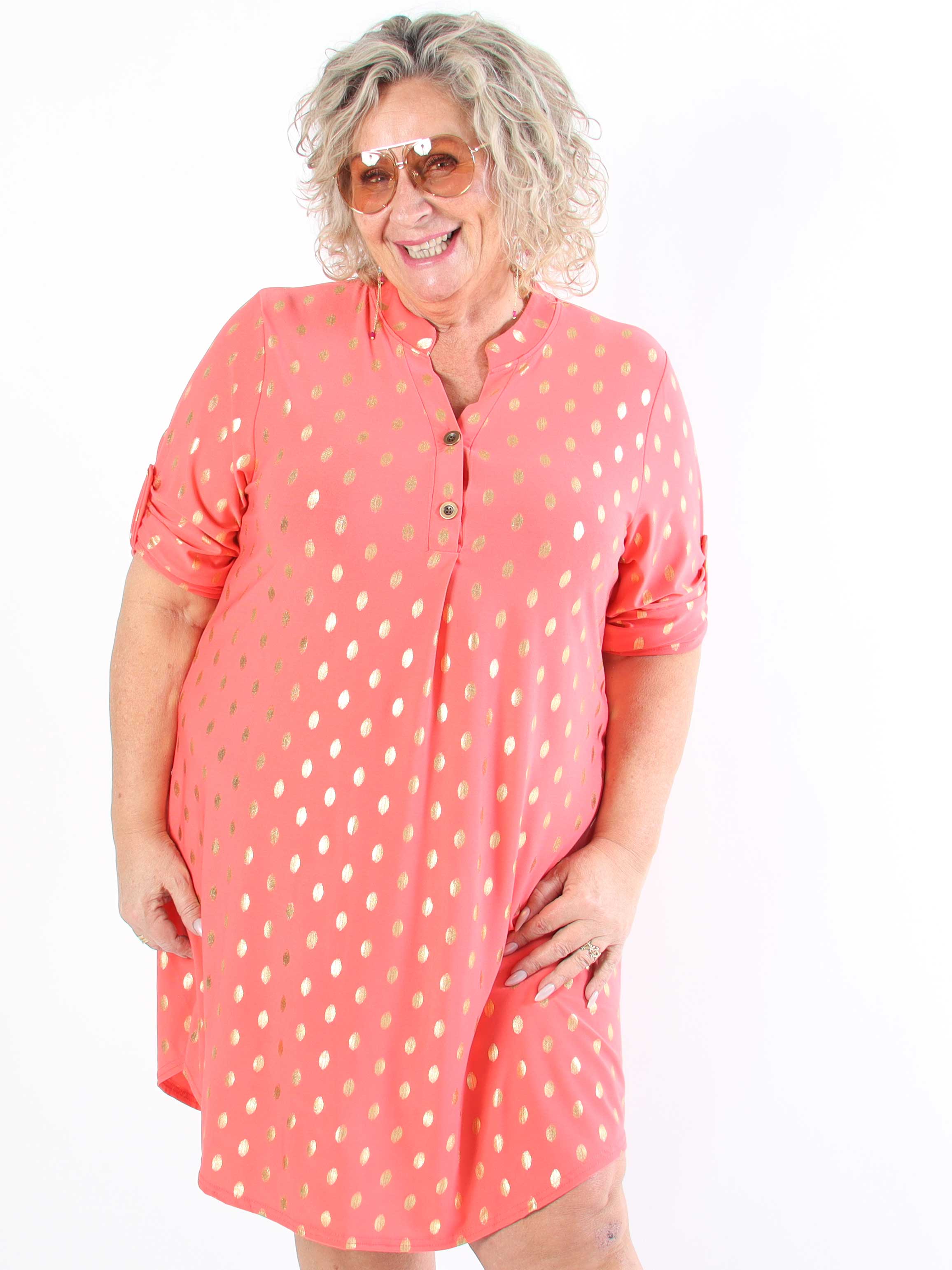 Ebba Gold Long - Elastisk plus size kjole med guld prikker